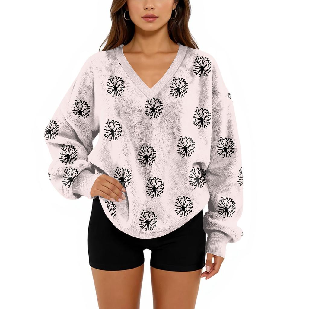 Women's V-Neck Sweatshirt Plush Solid Color Casual Fashion Long Sleeve With Pocketed Pullover Top