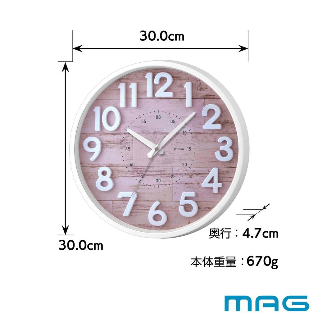 MAG Wall Continuous Second 3D Clock, 30.0cm Diameter, Analog, Crepe, Quiet, Hand, Letters, Pink, W-760PK-Z