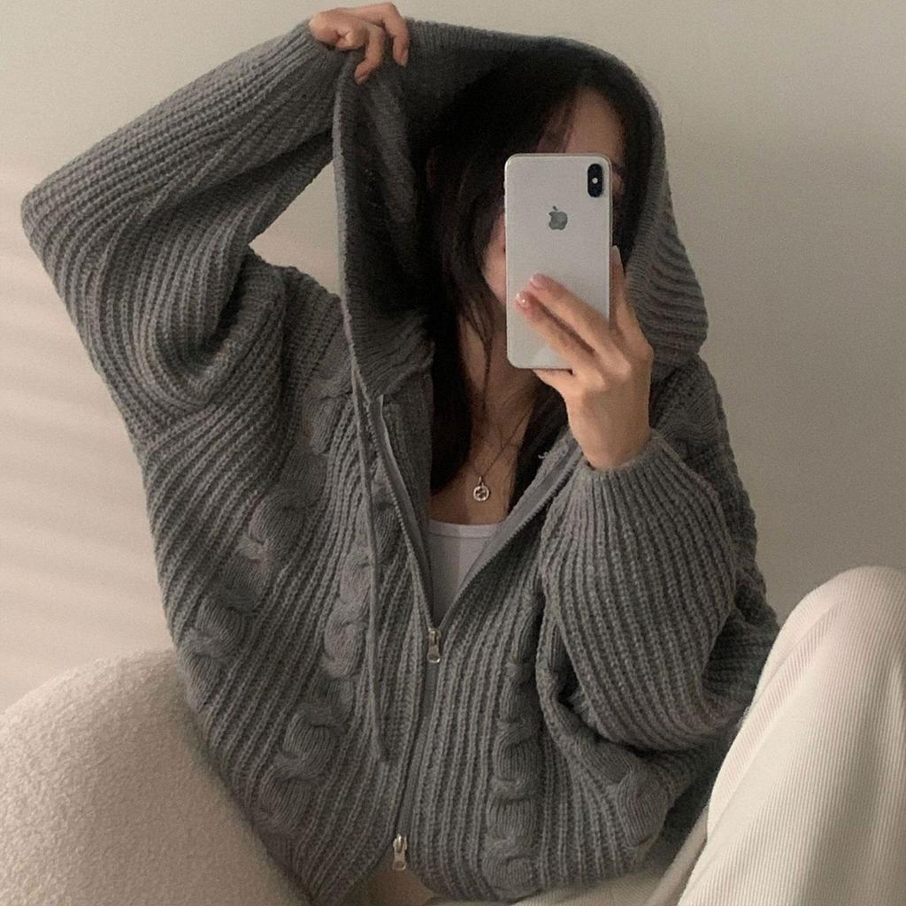 Korean Style Twisted Hooded Double-Zip Knit Cardigan - Women's Loose Fit, Long-Sleeved Sweater for Autumn and Winter