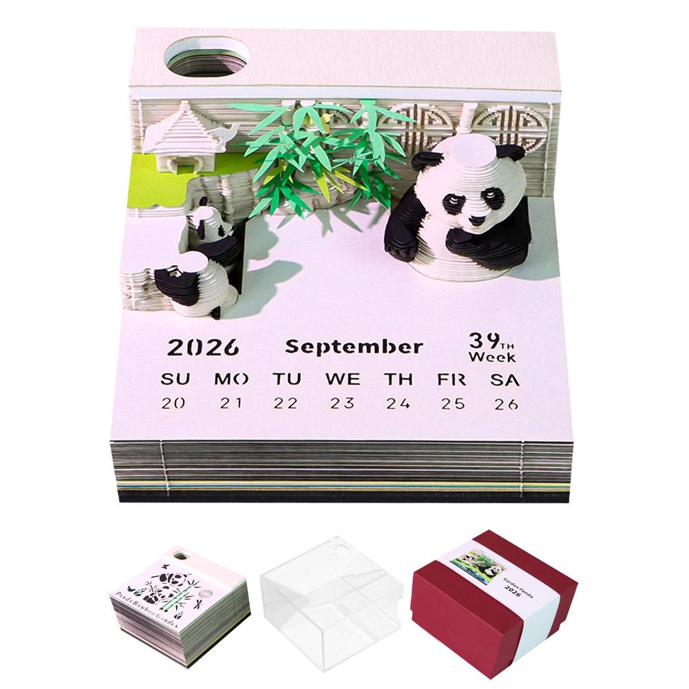 3D Zeitstück Kalender 2026 Panda Schreibtischkalender Dekoration mit Acrylhülle, Papier Skulptur Antihaft Notizen, Papier Schnitzkunst