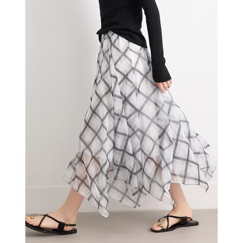 Demana Women s Retro Plaid Chiffon Midi Skirt M