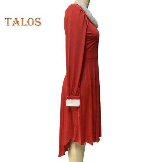 Christmas Performance Dress Fluffy Square Neck Pure Color A Line Irregular Hem Button Decor Festive Stage Show Santa Cosplay Costume New Year Party