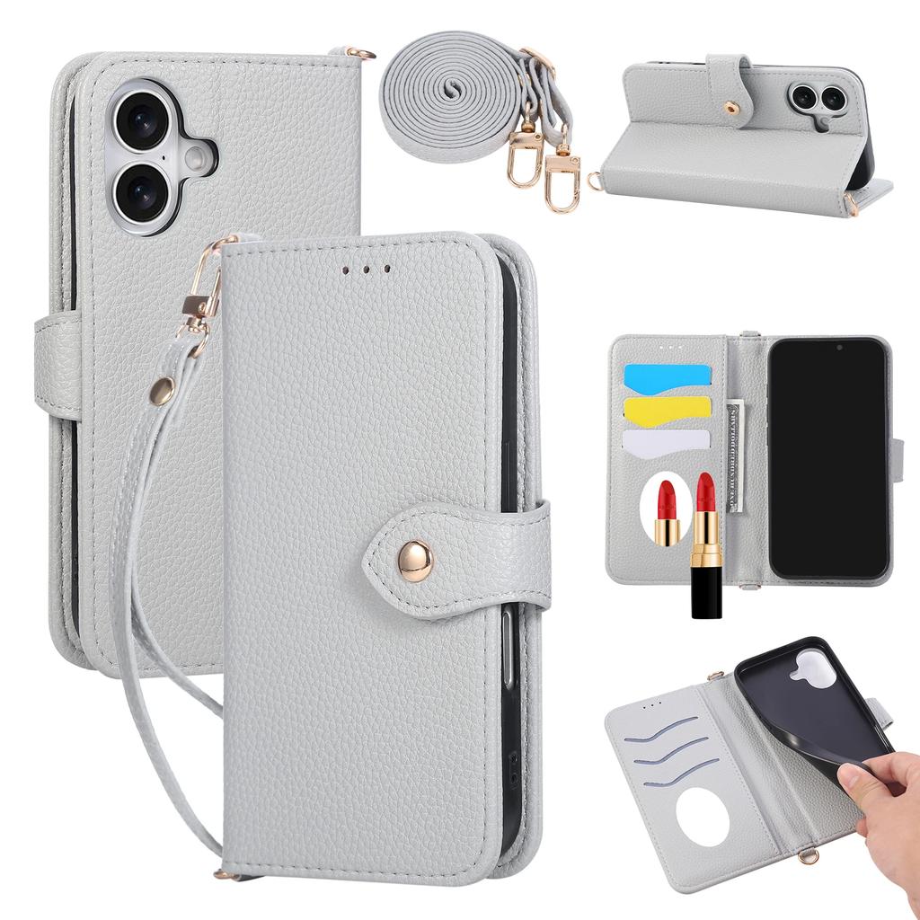Crossbody Strap Mirror Wallet with Card Holder Phone Case for IPhone 16E 16 15 14 Pro Max 13 12 11 7 8 Plus Leather Flip Cover