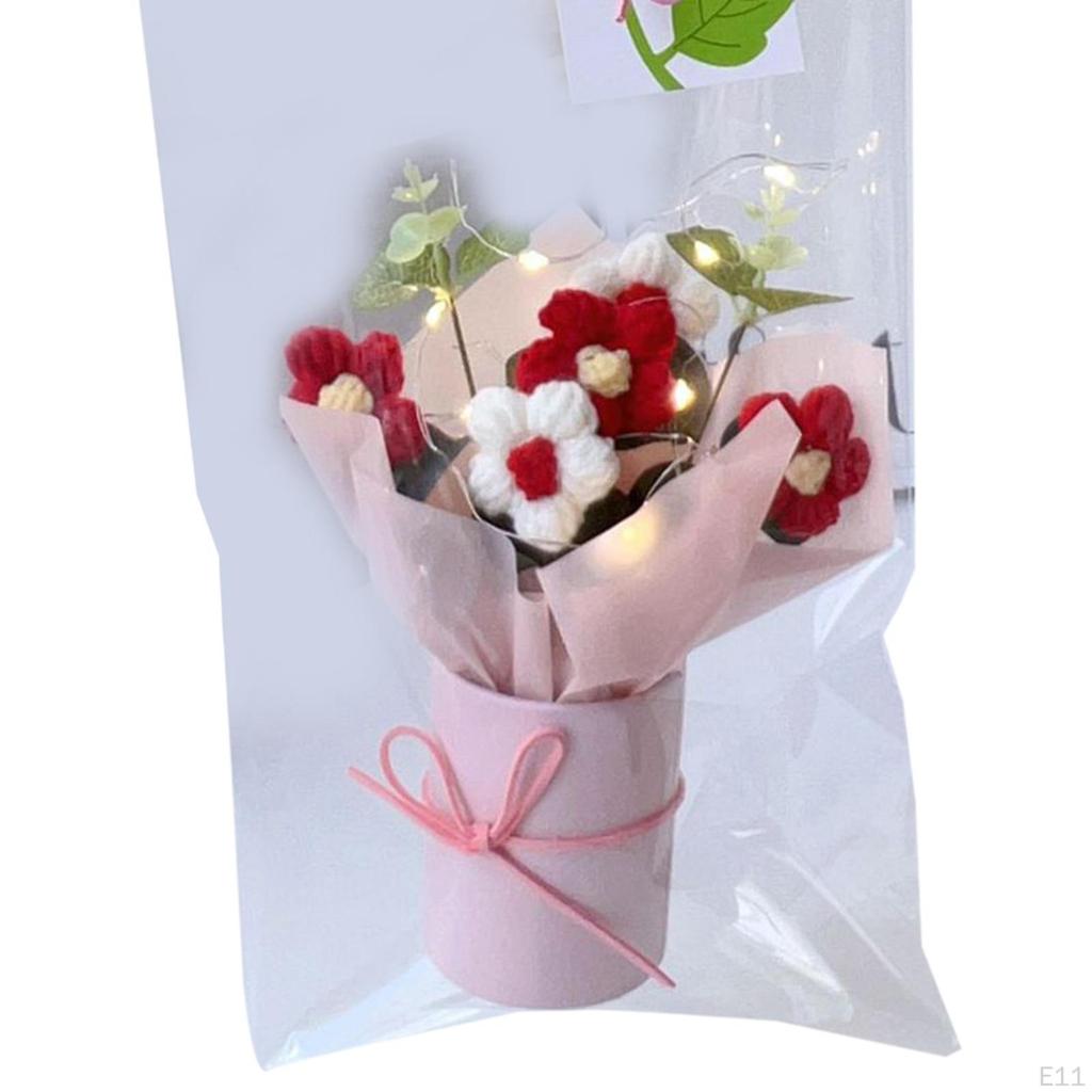 Artificial Flowers Crochet Flower Bouquet with Lights Decor Knitting for Girlfriend Shelf