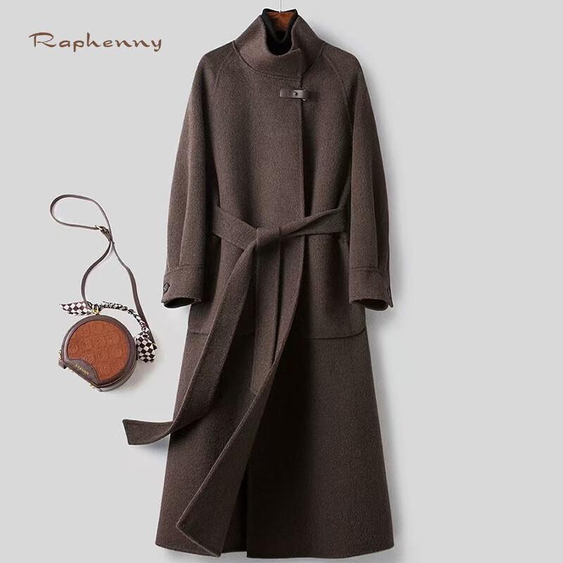 

Raphenny Women s Solid Stand Collar Belted Double-faced Wool Coat L