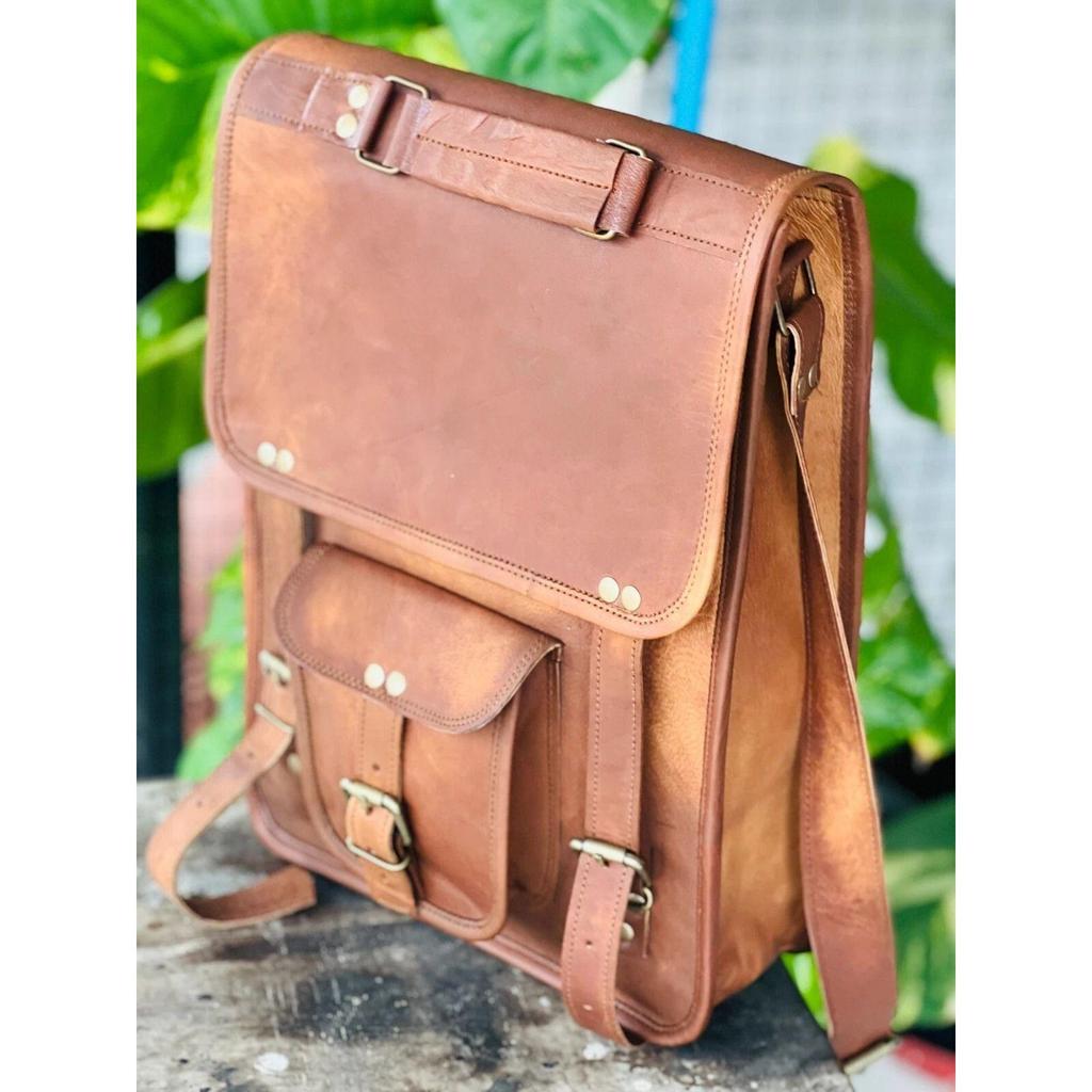 Genuine Goat Leather Vintage Laptop Messenger Bag Cross-body Handmade Men's