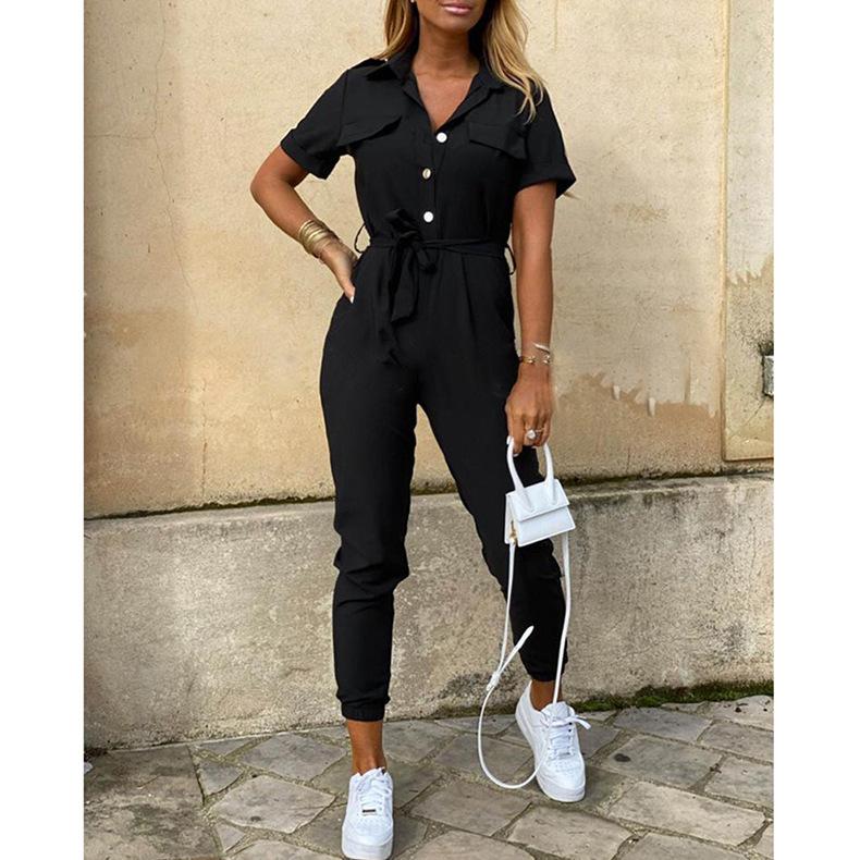 Spot 2026 spring and summer popular European and American women's clothing casual lapel printed belt tooling jumpsuit