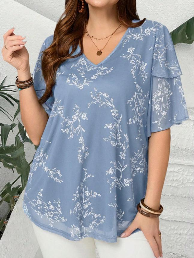 European & American Style Plus Size V-neck Short Sleeve Chiffon Print Top for Women 1XL