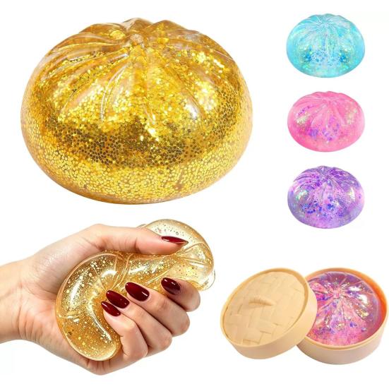 Yousheng 1/4Pcs Clear Glitter Dumpling Squeeze Toy, Soft Steamed Bun Stress Relief Toy, Hand Exercise Relaxation Tool for Kids Adults