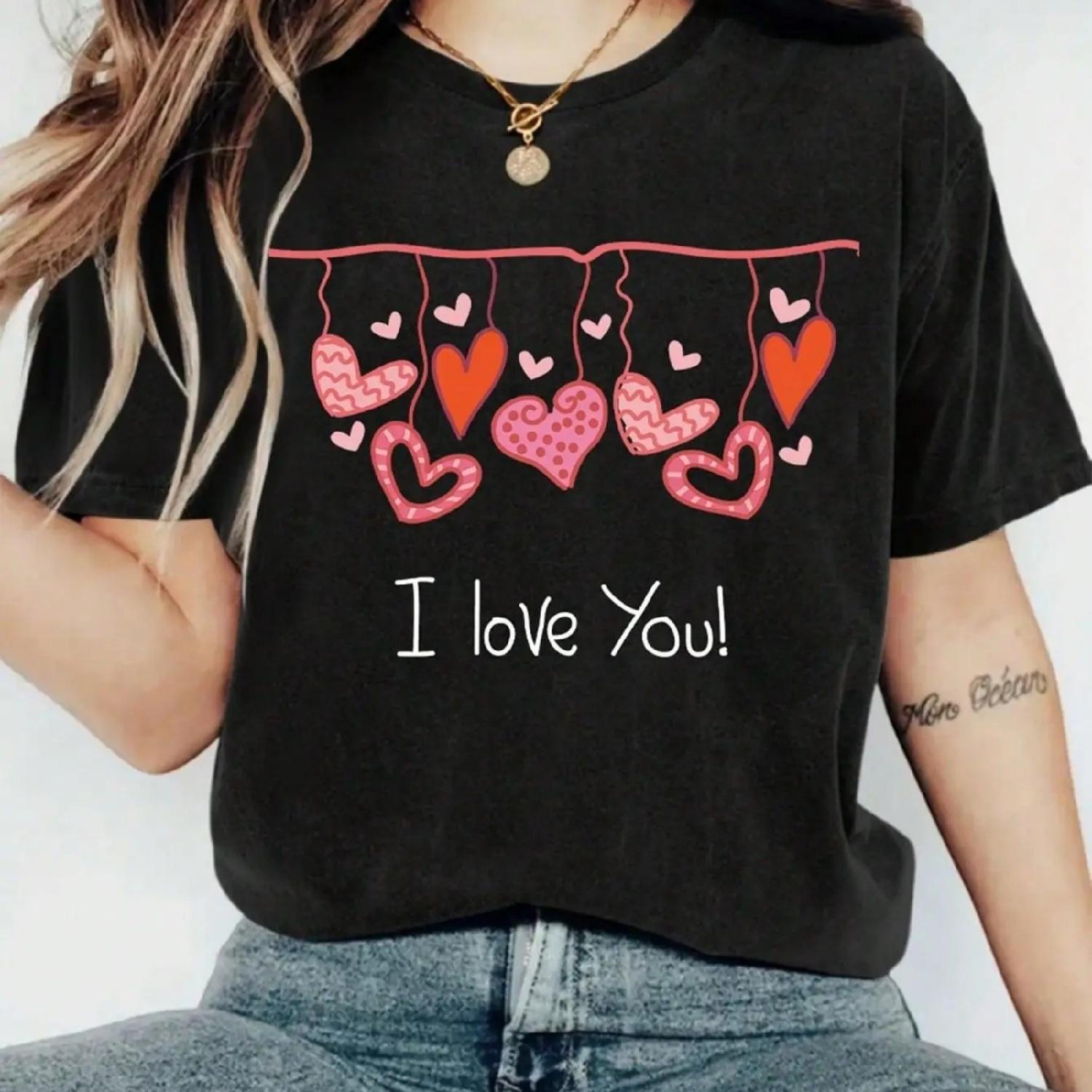 

Women s Fashionable I LOVE YOU Letter Print T-Shirt For Valentine s Day - Casual Short Sleeve Crew Neck Top - Lightweight & Brea XXXXXL різнокольоровий