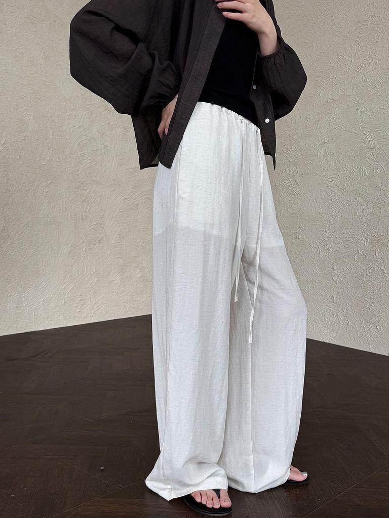 LUXI Women's Tencel Linen Elastic Waist Wide-Leg Summer Pants