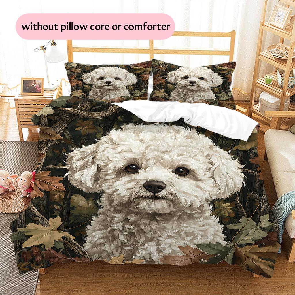 Bettwäsche mit Blätter- und Bichon-Muster, Heimdekoration, Geburtstagsgeschenk (1 Bettbezug + 2 Kissenbezüge, ohne Füllung)