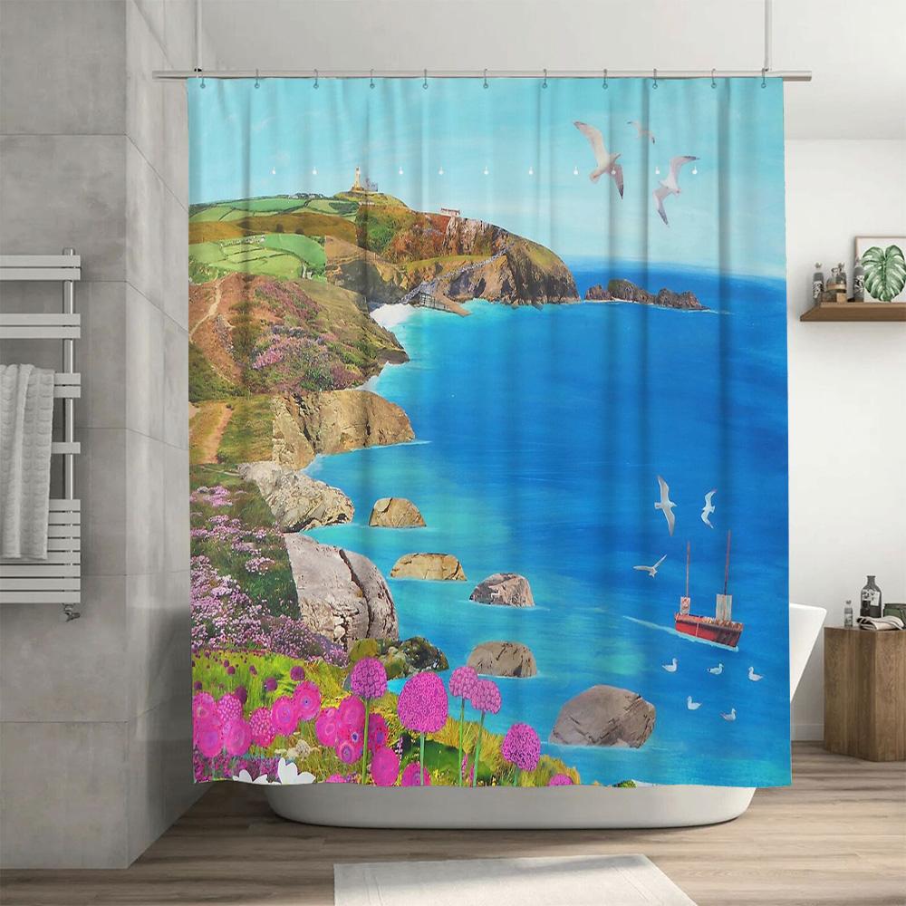 Ocean Landscape Shower Curtain Coastal Sea View Decor Bathroom Fabric Backdrop Artistic Wall Hanging Home Decor