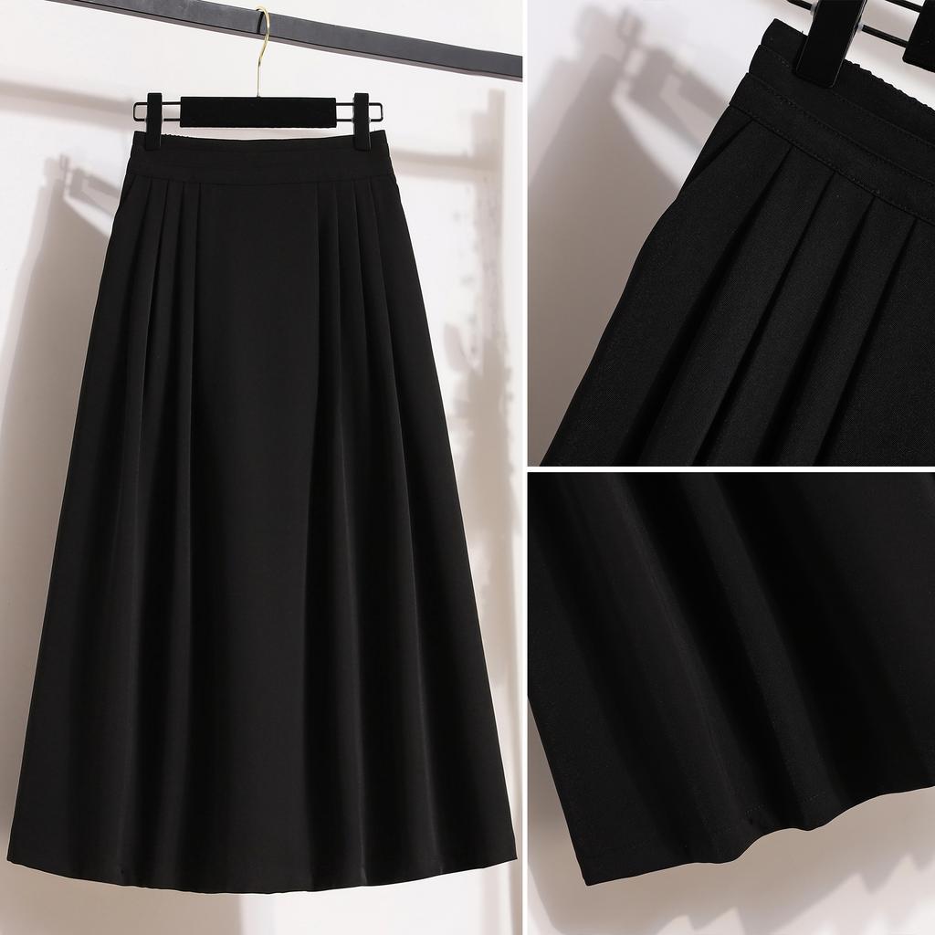 DIMANAF 2025 Plus Size Summer Elastic Skirts High Waist Casual Women Loose Long Skirt Pleated Fashion Vintage Maxi