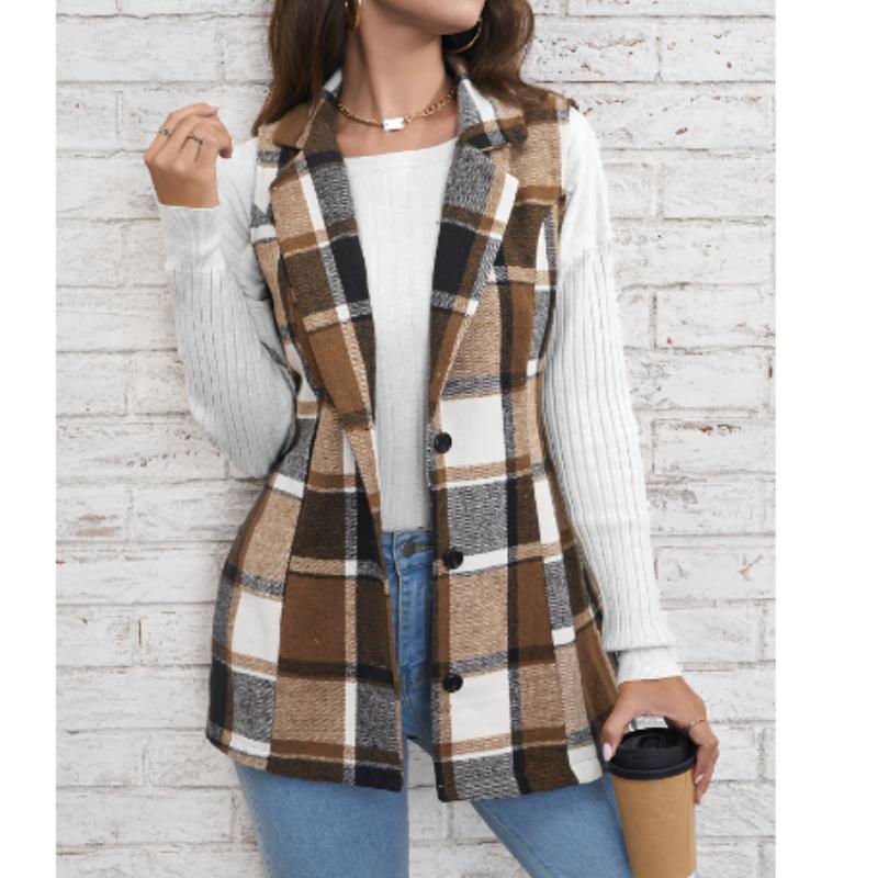 

Женский элегантный однобортный жилет с лацканами для поездок на работу, разноцветный клетчатый жилет на весну и осень, клетчатый пиджак XS коричневый