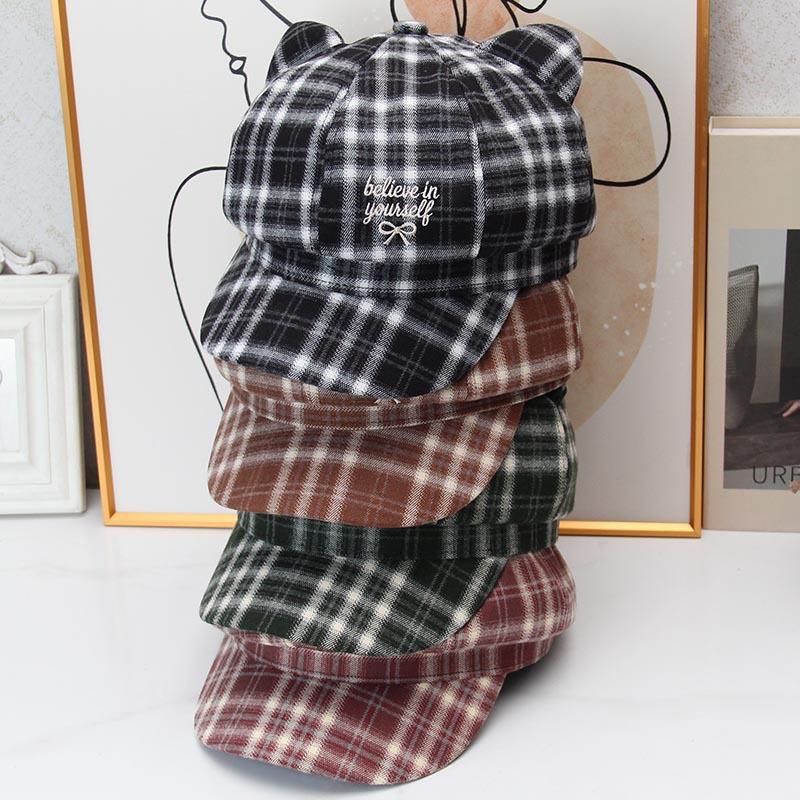 Cute cat ear plaid octagonal hat female autumn and winter retro embroidered beret showing face little girl versatile newsboy hat