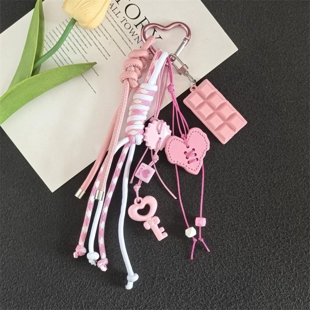 Y2k Acrylic Heart Keychain Hand-Woven Anti-Lost Braided Rope Key Chain Heart-shaped Macaron Color Bag Pendant Girls Gift