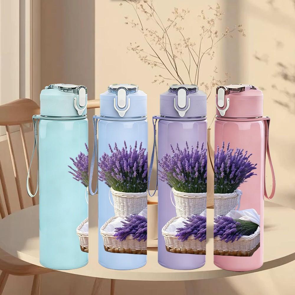1PC Purple Lavender Potted Plant Print 750ml Color Plastic Sports Water Bottle Leakproof Flip Straw Lid Suitable for Sports Office Home Use