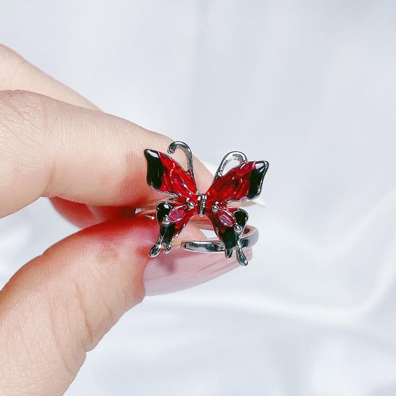 Temperament Niche Exquisite Design Sense Personality Ring Sweet Cool Red Enamel Drip Glaze Butterfly Opening Ring Female