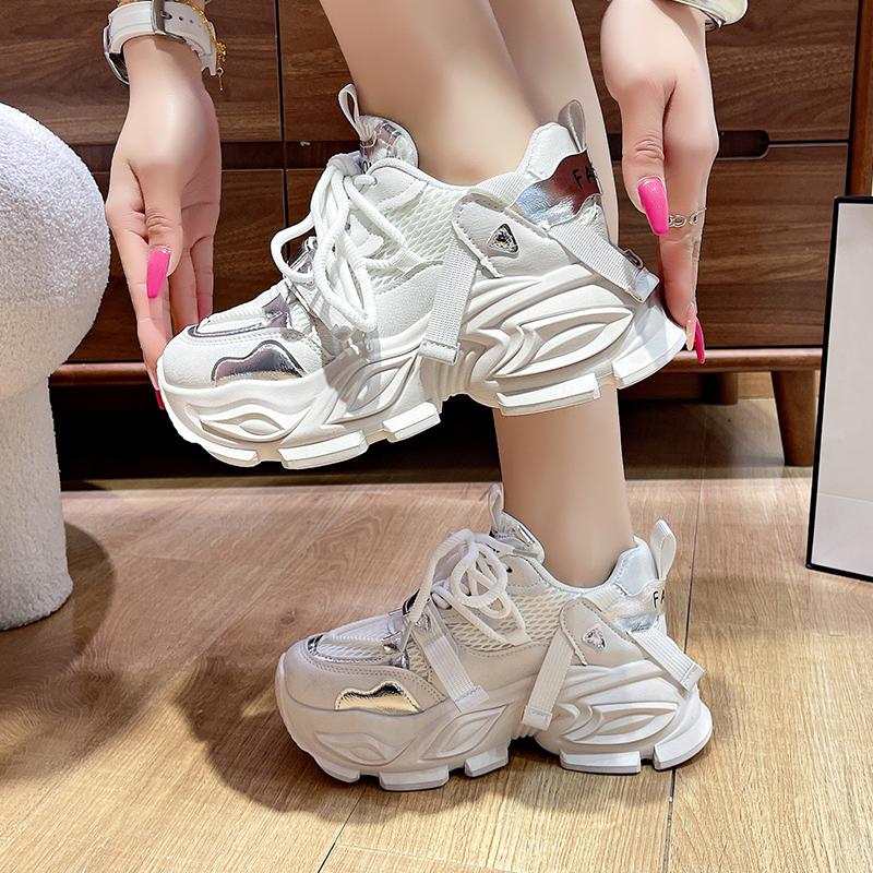 Fashion Trendy Plus Size Platform Sneakers  Thick Sole - Shiny Silver Lace Mesh Women's Shoes  Inner Height Increase Dad Fashion