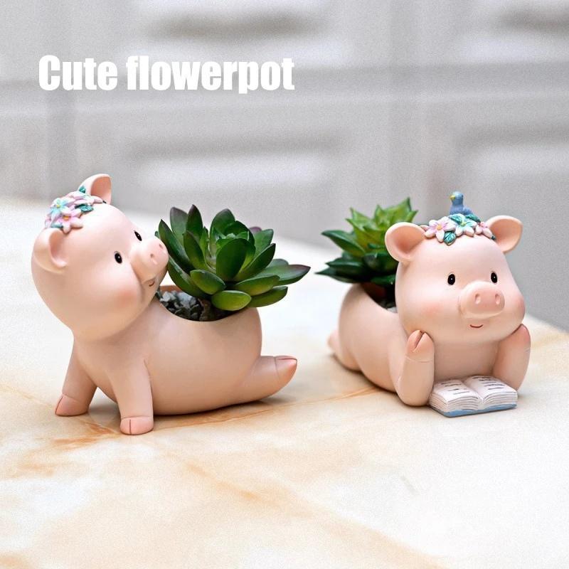 Cute Pig Resin Flower Pot Cartoon Animal Succulent Flower Pot Desktop Plants Pot Cactus Potted Home Decoration Ornaments Gift