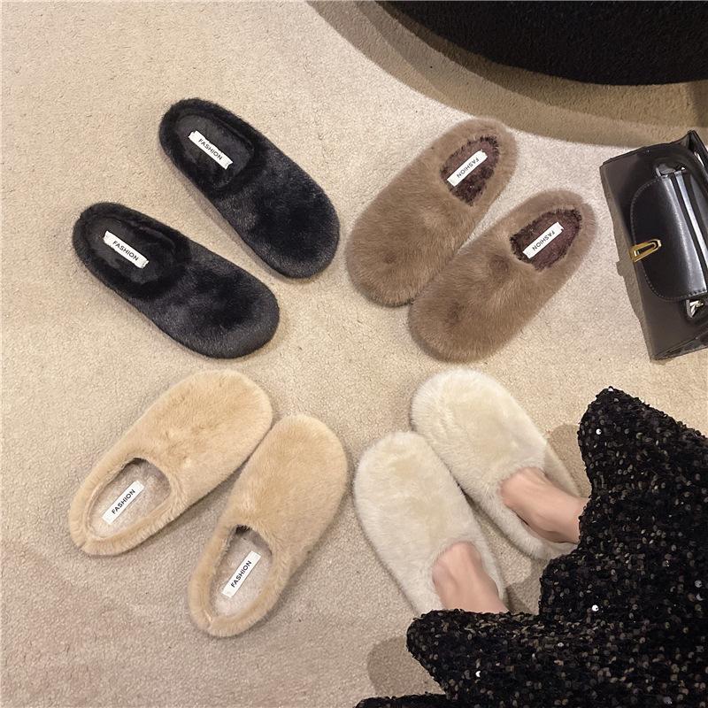 Flat Bottom Warm Fluffy Shoes Women's 2025 New Autumn and Winter Outer Wear Fluffy One-pedal Lazy Bag Head Cotton Mop