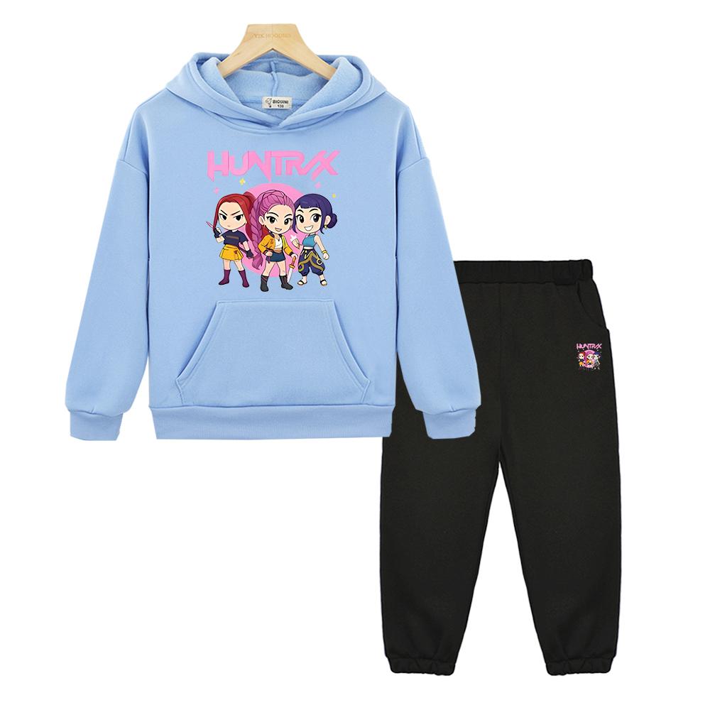 Kpop Demon Hunters Autumn Boy Girl Hooded Sets 2pcs Pullover+pant Anime Hoodie Fleece Sweatshirt Jacket Kids Boutique Clothes