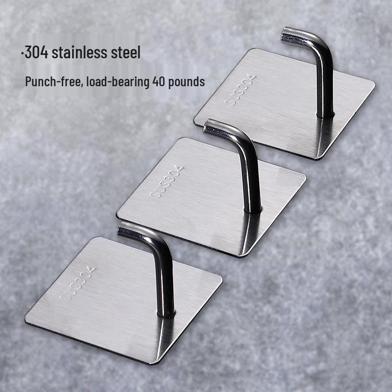 

Stainless Steel No-Drill Adhesive Hooks for Kitchen and Bathroom Walls. 1-Pack