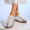 Women Lace Up Walking Sneakers Split Leather Splicing Jogging Trainers Shoes Silver Ladies Casual Flats Woman Round Toe Footwear