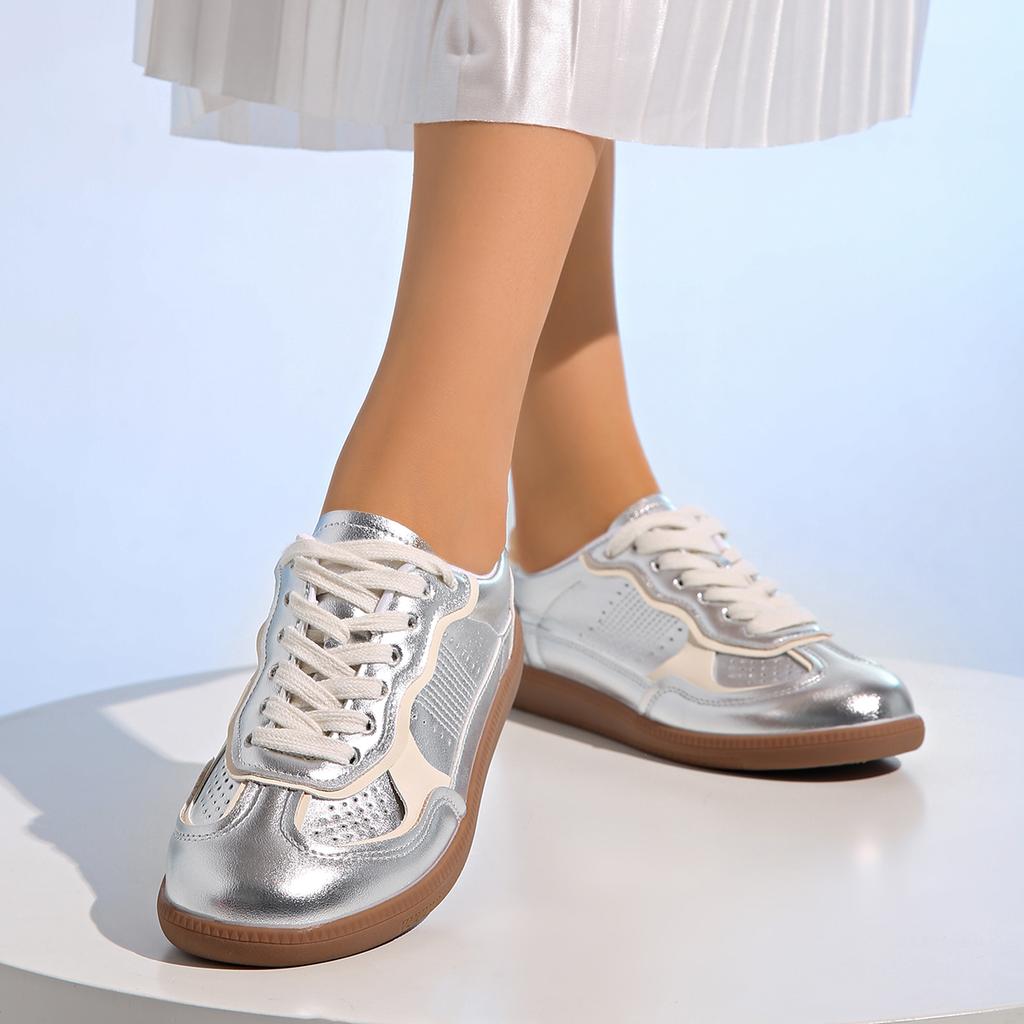 Women Lace Up Walking Sneakers Split Leather Splicing Jogging Trainers Shoes Silver Ladies Casual Flats Woman Round Toe Footwear