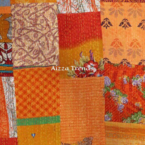Aizza Trends Cuvertură Kantha din bumbac pur lucrată manual - Pătură decorativă tradițională indiană-Cuvertură vintage din sari de mătase de bumbac