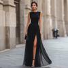  European and American French Sense Sleeveless Chiffon Waist Pleated Split Design Thin Dress