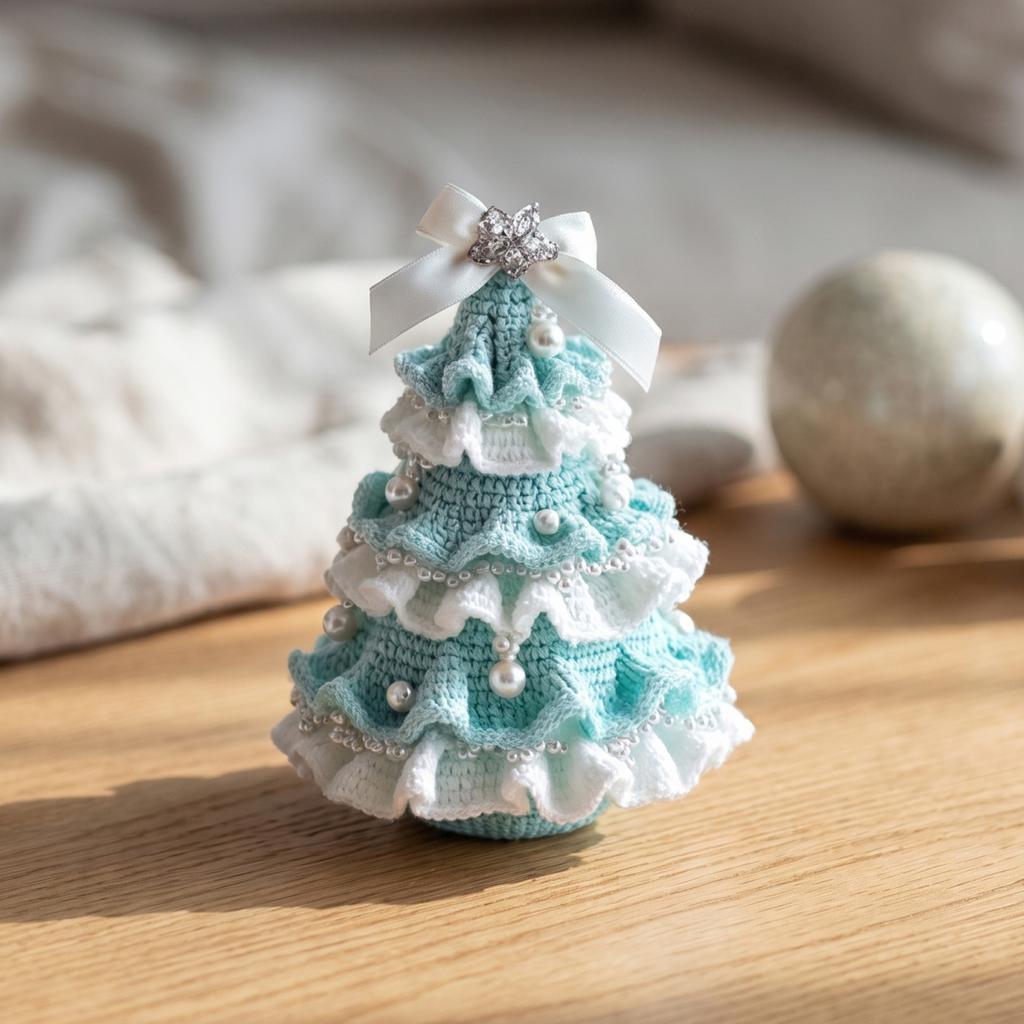 Decorative Yarn Tree for Bookshelves DIY Crochet Christmas Kit,Beginner-Friendly Xmas Craft Kit with Bow Complete Starter And Faux Pearl Embellishment