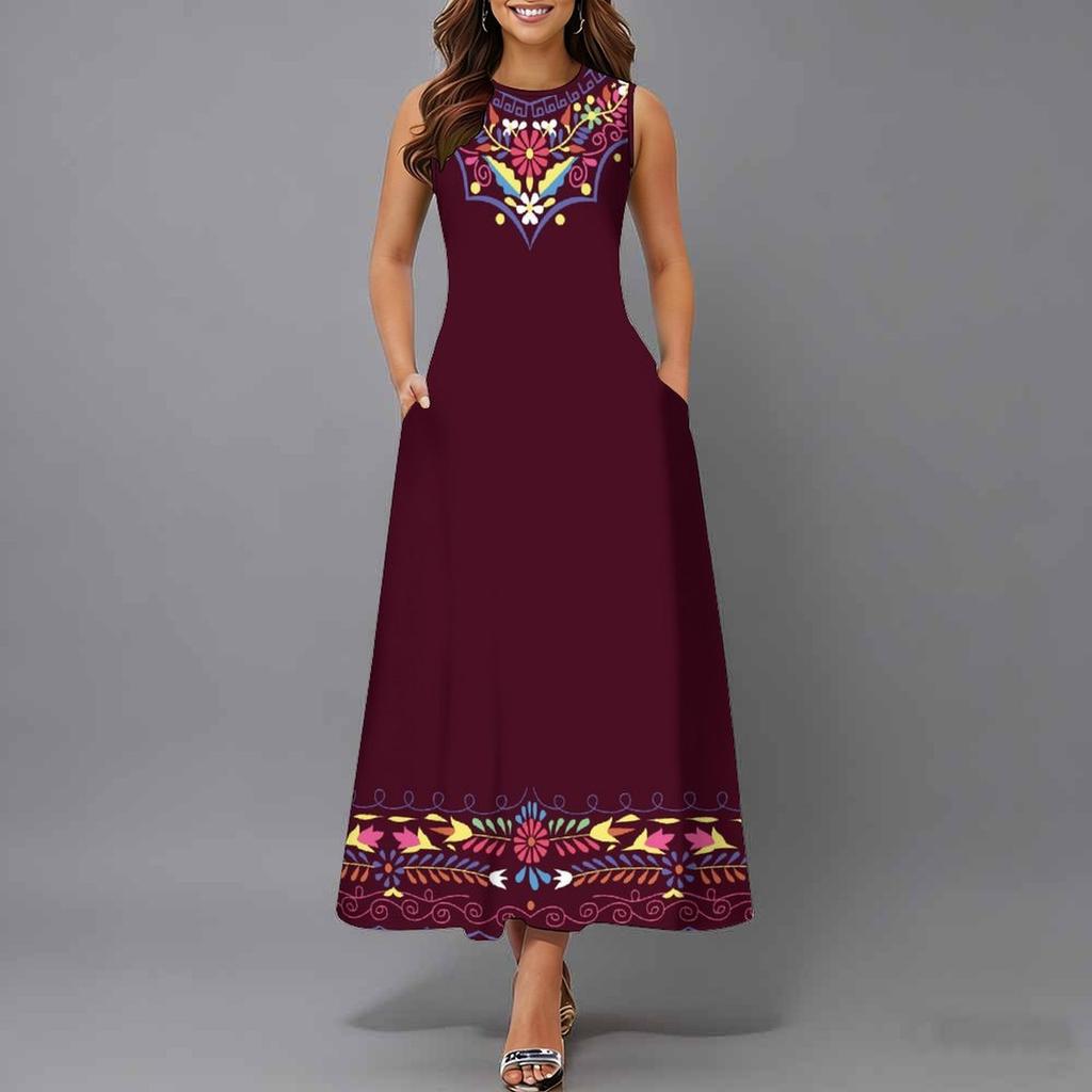 Oversized Ladies Sleeveless Round Neck Dress Soft Mixed Floral Printed Flowy Midi Gown
