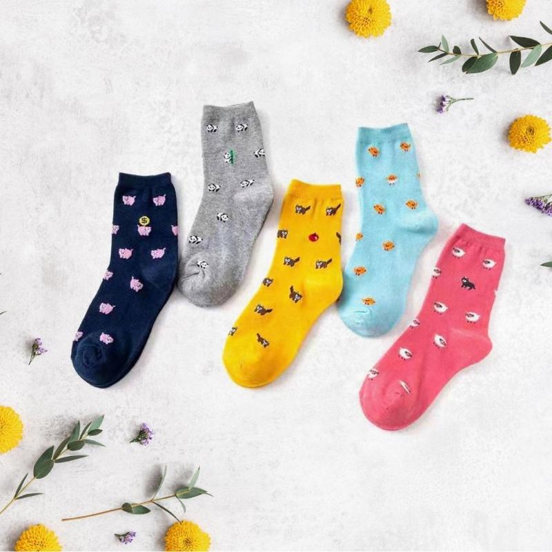 5 Pairs Multicolored Fun Animal Pattern Design Women's Crew Socks Cotton Breathable Middle Calf Socks Birthday Gift