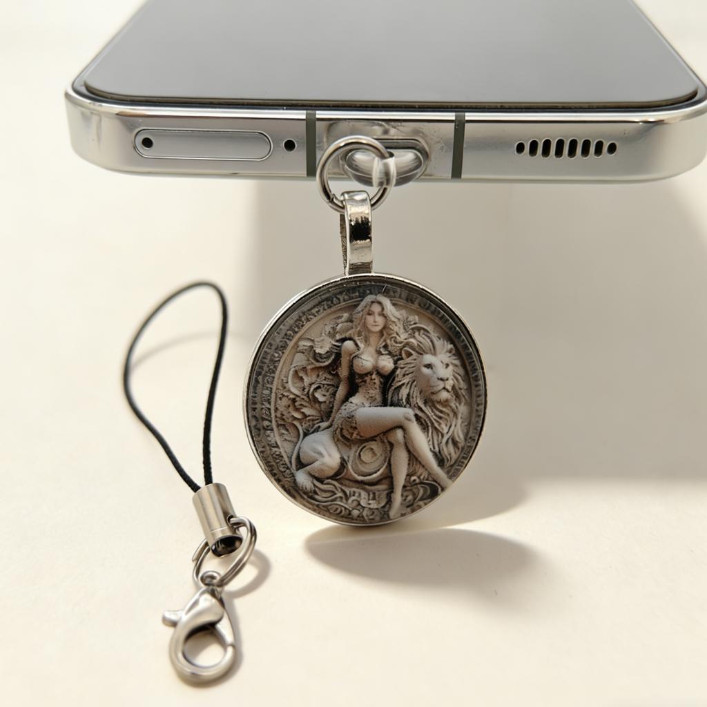 Vintage Embossed Beauty and Lion Lanyard Phone Dust Plug, Comes with Anti-Loss Strap, Dual-Use for Anti-Loss and Decoration