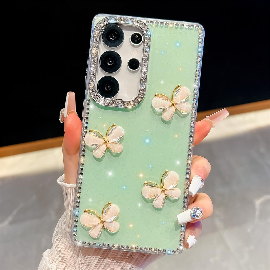 Handmade Sparkly Diamond Glass Butterfly IMD Phone Case, Compatible with Samsung S23 Ultra/S24/S25 & A07/A15/A16/A17/A26/A35/A36/A55/A56