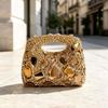 Elegant Shell-Shaped Evening Clutch With Gold-Tone Metal Texture Amber Gemstone Inlay Synthetic Leather Lining