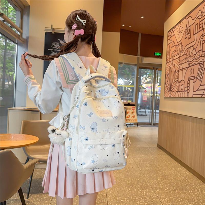 Cute Bear and Bow Print School Backpack with Multiple Front Pockets Casual Daypack for Girls
