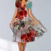 Kurzarm-Midikleid mit V-Ausschnitt und großem Saum, buntes Blumendruck-Damen-Freizeitkleid für den täglichen Gebrauch