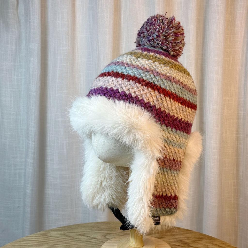 Rainbow Striped Plush Ear Protection Hat for Women In Autumn and Winter Thickened Plus Velvet Lei Feng Hat Northeast Cold Proof Knitted Pullover Hat