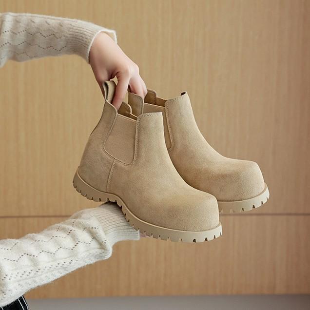 Cowhide Version~ Leather Big-headed Boots, Thick-soled Inner Height-increasing Martin Boots, Women's Chelsea Boots, Cigarette Tube, Kangaroo Shor