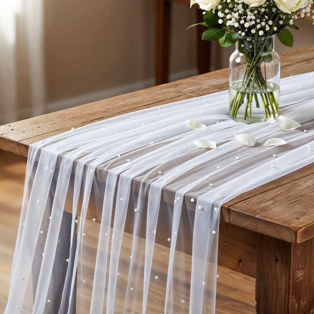 Mesh Fabric Bridal Veil Sheer Table Cloth Flower Wrapping Pearl Table Runner  Wedding Party