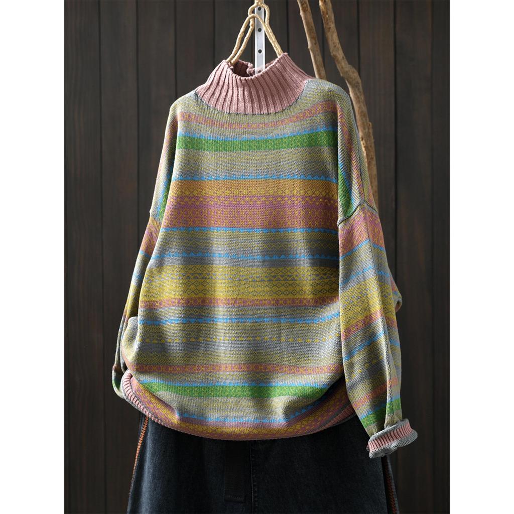 Winter Women's Colorful Striped Oversized Knit Sweater with Half-High Collar