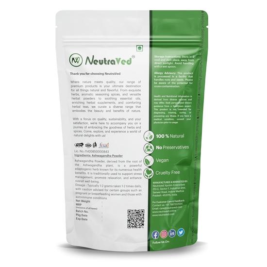 Neutraved 100% Natural Ashwagandha Powder Relieves Stress and Anxiety | Food-Grade Stand-Up Zipper Pouch - 200 G