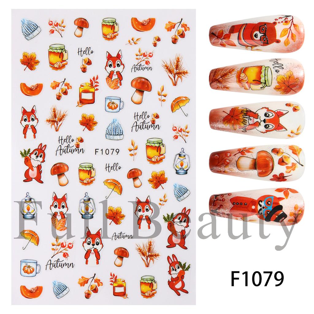 Nail Art Stickers Autumn Thanksgiving Maple Leaf Harvest Mushroom Hazelnut Honey Yellow Leaf Nail Stickers