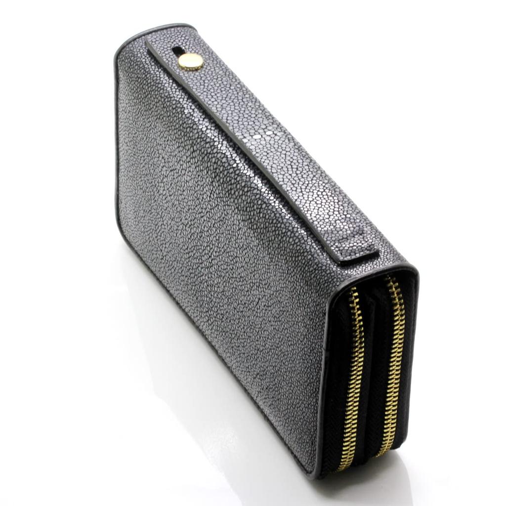 [Revetta] Stingray Leather Long Wallet, Large Capacity, Galuchat, Black, 40 Card Slots, Double Zipper Closure, Handle, Gold, Black, Men's, Genuine