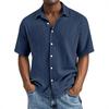 Men Light Blue Short Sleeve Button Down Shirt Casual Striped Linen Look Shirt