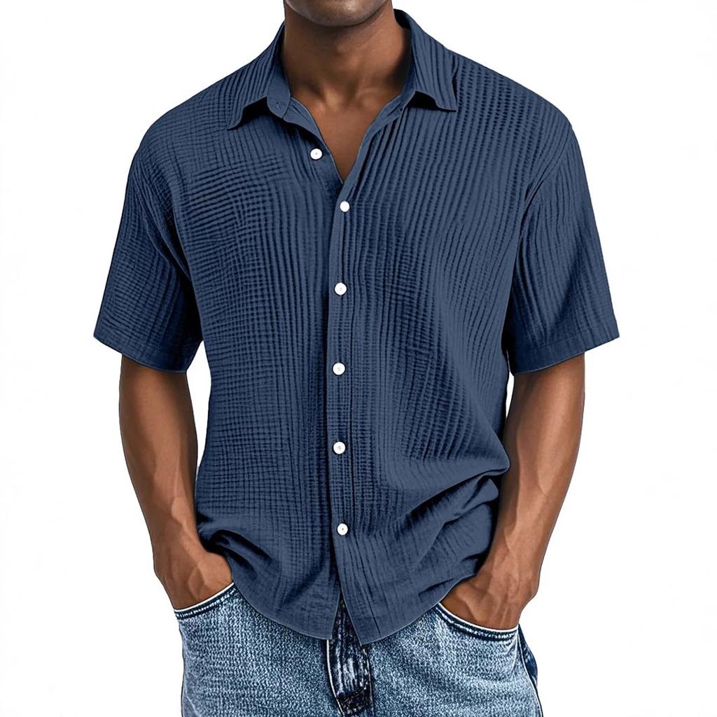 Men Light Blue Short Sleeve Button Down Shirt Casual Striped Linen Look Shirt