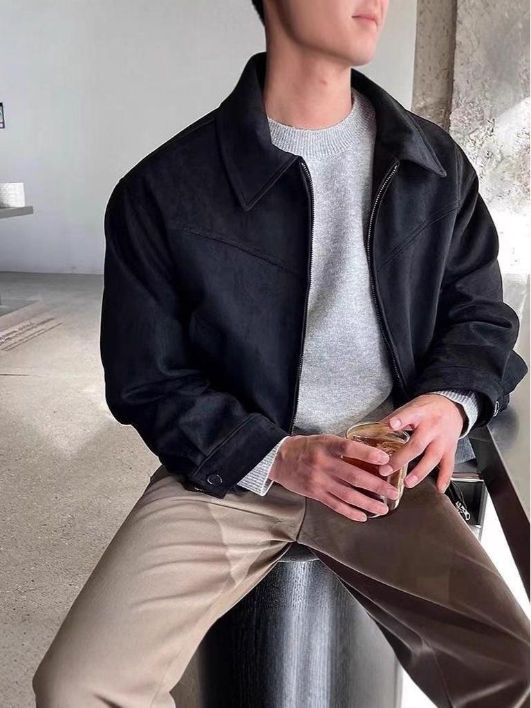 Men's High-End Velvet-Lined Short Jacket - Trendy Lapel Style for Spring and Autumn